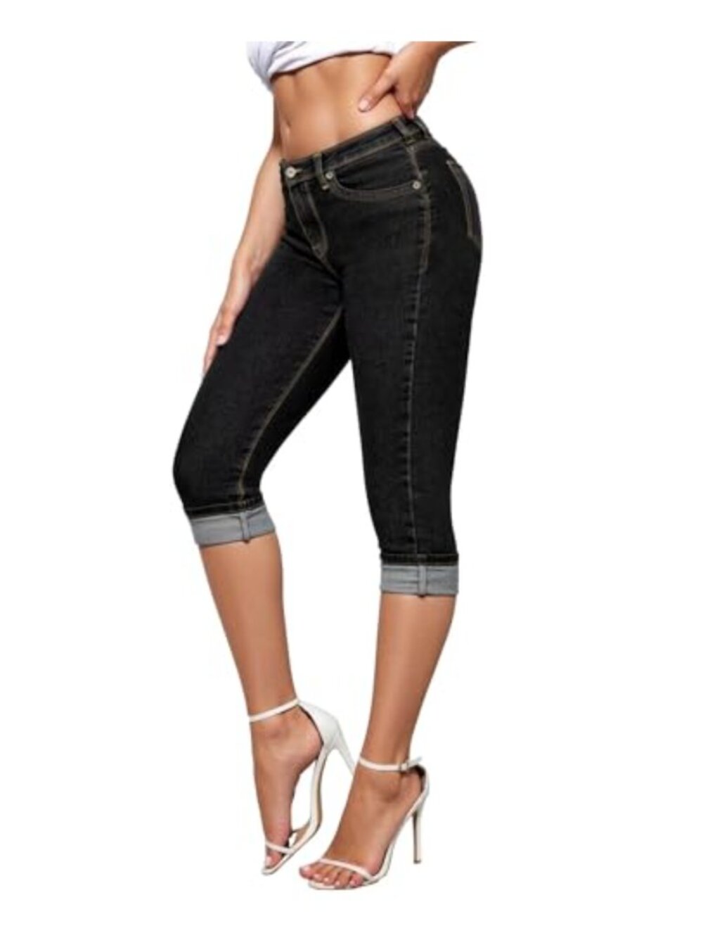 Stretch Denim Capris Slim Fit Mid Rise Skinny